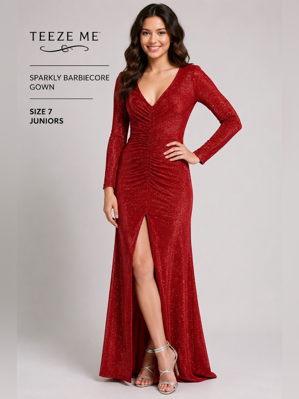 Teeze Me Red Glitter Prom Gown Juniors 7 Long Sleeve Formal Evening Dress maxi